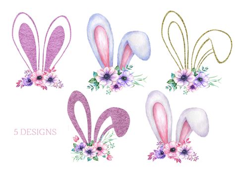 Watercolor Easter Bunny Ears Clipart Happy Easter Floral Ears Rabbits