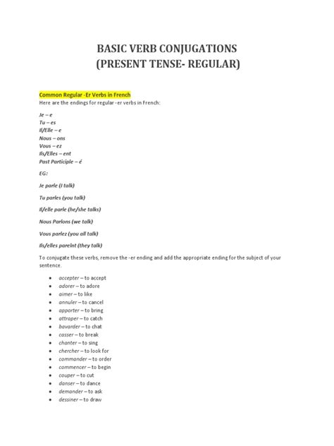 Basic Verb Conjugations Present Tense Pdf Grammatical Conjugation