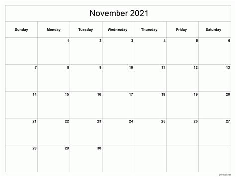 Printable November 2021 Calendar Classic Blank Sheet
