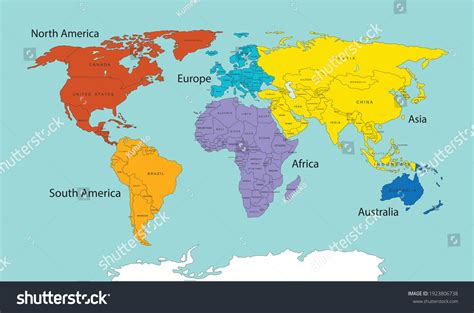 World Map Divided Into Six Continents Stock Vector Royalty Free
