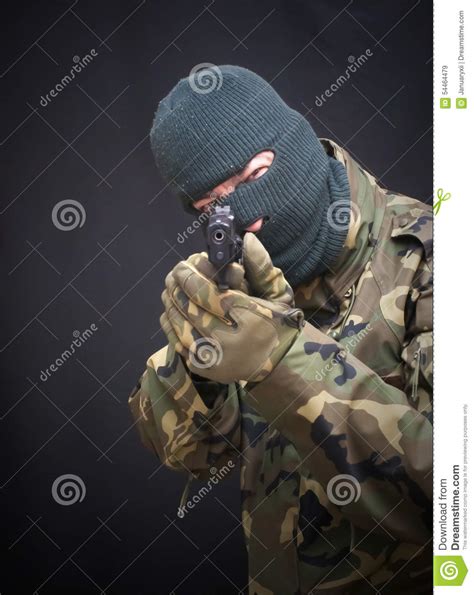 Soldier With Gun Balaclava And Camouflage Suit Stock Image Image Of