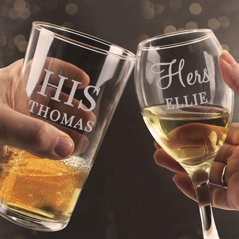 Personalised His And Her Pint And Wine Glass Set Personalised Bottle Labels