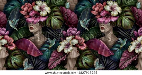 Tropical Exotic Seamless Pattern With Naked Woman Monstera Hibiscus