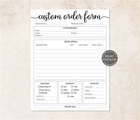 Sunrayart Designs Custom Order Form Template