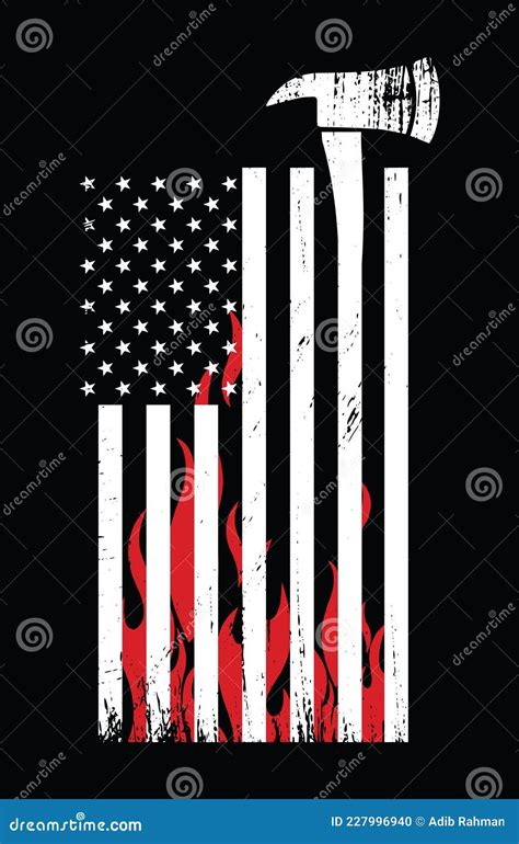 Firefighter Axe American Flag And Fire Flame With Grunge Effect Stock