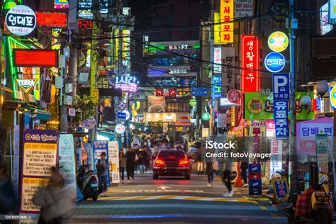 Seoul Crowded Streets Of Sinchon Nightlife Neon Signs South Korea Stock
