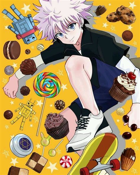 An Anime Character Sitting On Top Of A Skateboard Surrounded By Sweets