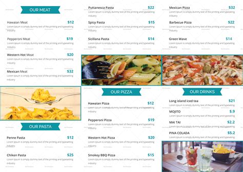 Pizza, special, combo, sandwiches, small, large. Trifold Food Menu Design Template in PSD, Word, Publisher