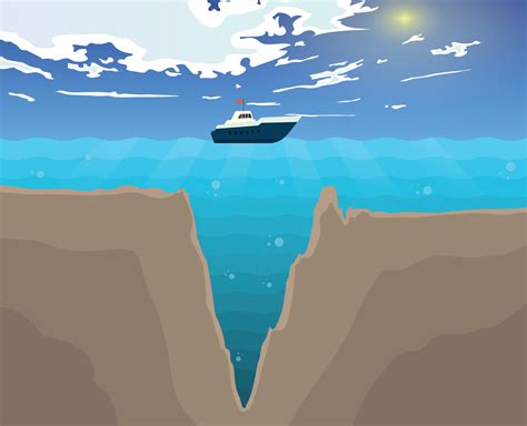 Vector Cartoon Style Mariana Trench Sea Illustration With Sky Clouds