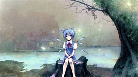 Desktop Wallpaper Cirno Touhou Anime Girl Sit Outdoor Hd Image Picture Background 51e7b2