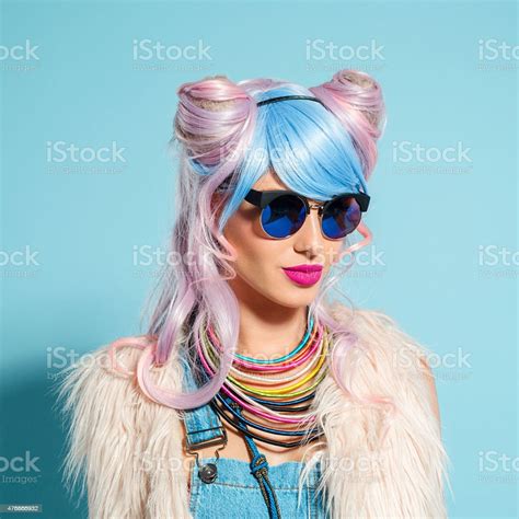 Bluepink Hair Girl In Funky Manga Outfit Stock Photo Download Image