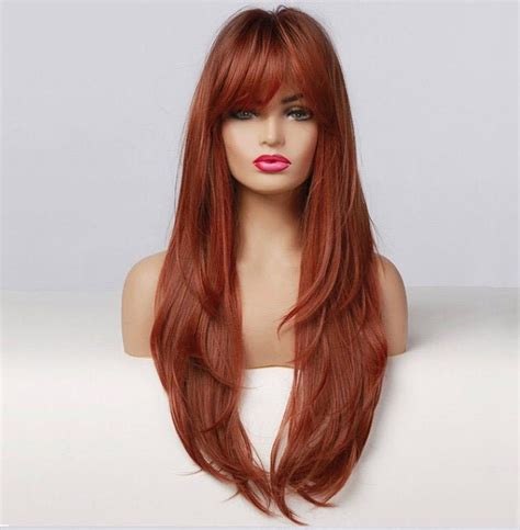 Red Ginger Wig With Bangs Long Layered Arburn Wig Natural Soft Hair