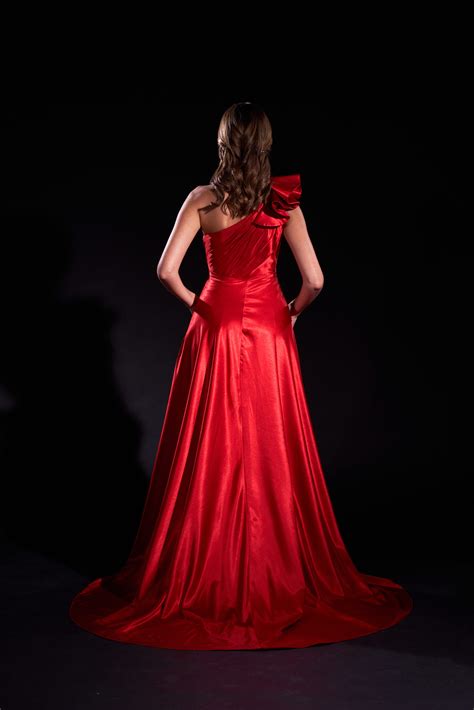 Asymetric One Shoulder Red Satin Gown Sophia Bognem