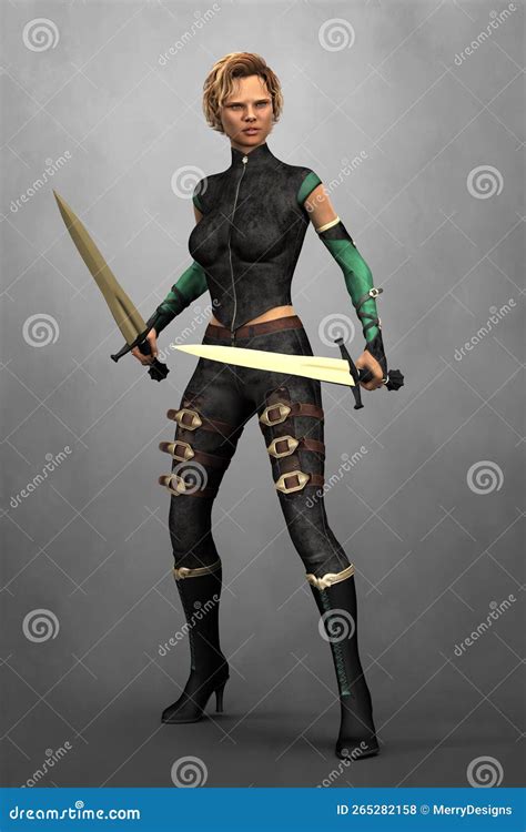 Beautiful Urban Fantasy Woman Wearing Leather And Holding Two Swords