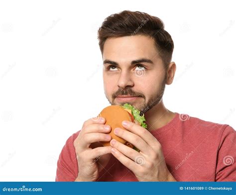 Handsome Man Eating Tasty Burger Stock Image Image Of Cooked