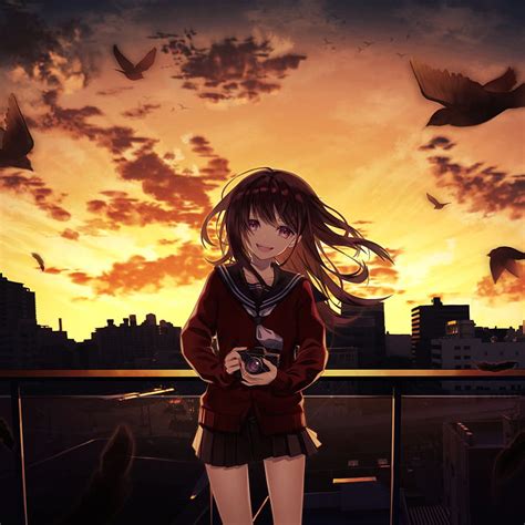Smiling Anime Girl Taking Graphs Cityscape Ipad Air Background And