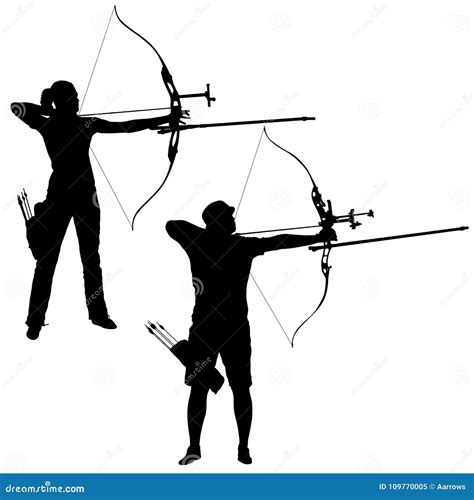 Silhouette Set Attractive Male And Female Archer Bending A Bow And