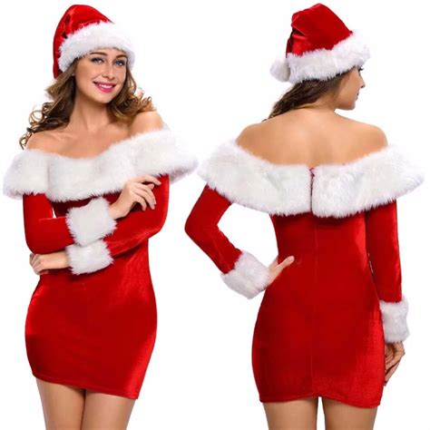 Mrs Santa Claus Costumes Sexy Women Christmas Costume Miss Santa Role Play Wide Boat Neck Deluxe
