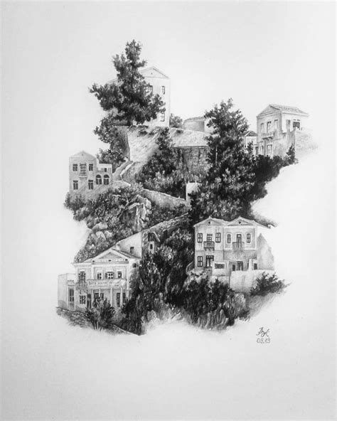 A Drawing Of Houses On A Hill With Trees