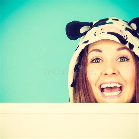 Happy Crazy Woman In Cow Costume Holding Board Stock Photo Image Of