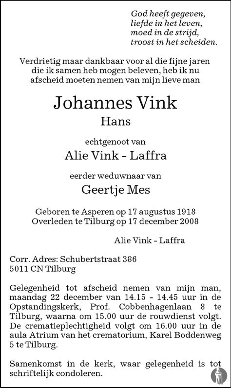 Johannes Hans Vink 17 12 2008 Overlijdensbericht En Condoleances