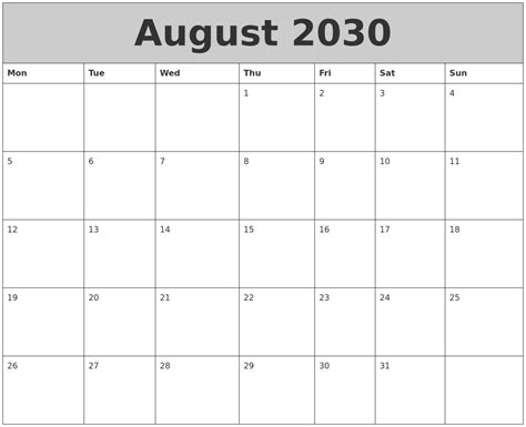 August 2030 My Calendar