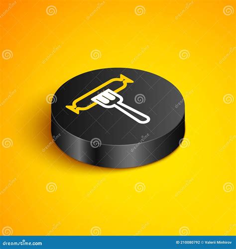 Isometric Line Sausage On The Fork Icon Isolated On Yellow Background
