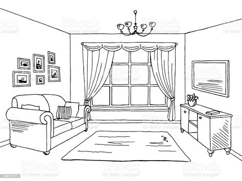 Living Room Graphic Black White Interior Sketch