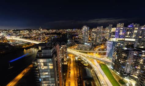 Aerial View Of Downtown Vancouver City During Night Time Stock Image