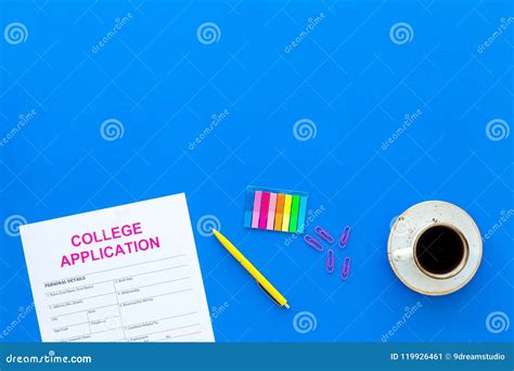 Apply College Empty College Application Form Near Coffee Cup And Stationery On Blue Background
