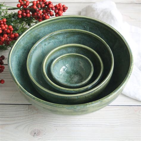 Andover Pottery — Mixing Bowls Set Of Four Green Stoneware Pottery