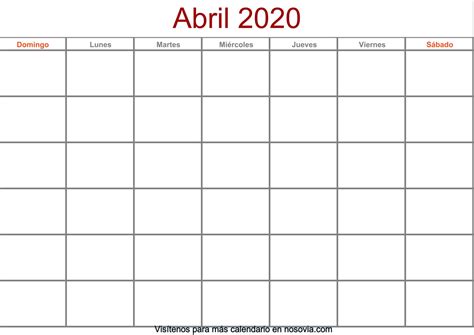 Calendario Planificador Mensual Abril 2020 En Blanco Gratis