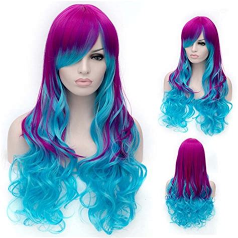 Buy Flovex Long Wavy Rose Red Blue Ombre Womens Sexy Anime Cosplay Wig Natural Curly Costume