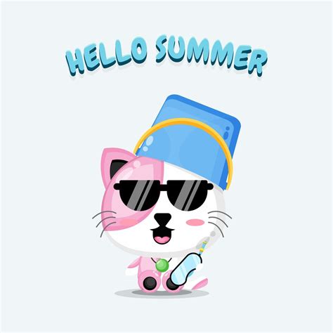Cute Cat Wearing A Bucket Hat With Summer Greetings 2745750 Vector Art