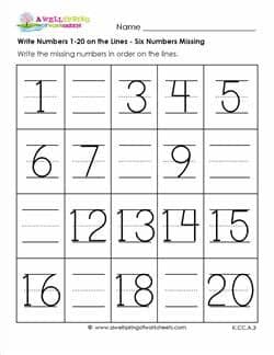 Write Numbers 1-20 - 6 Numbers Missing - Numbers Worksheets