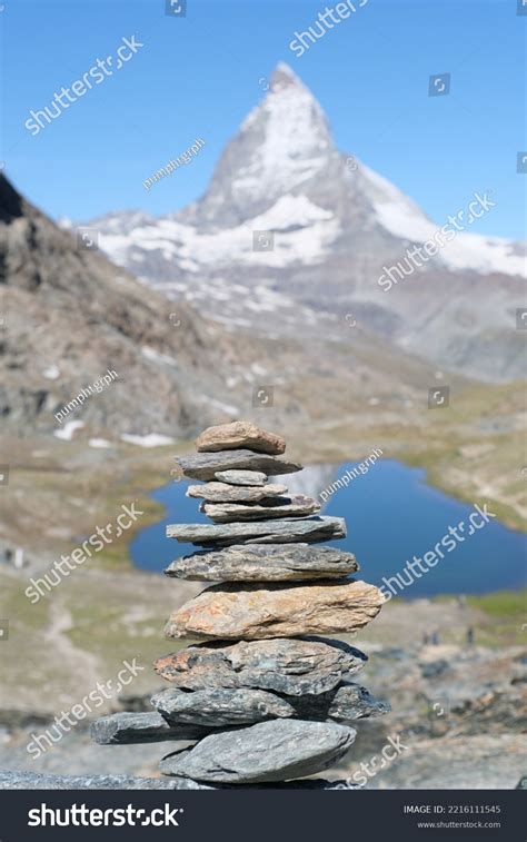 Pile Balanced Stones Matterhorn Background Stock Photo 2216111545
