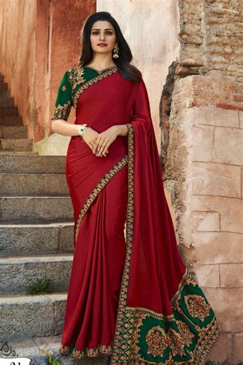 Red And Green Bollywood Saree With Blouse Saree Designs Fancy Sarees