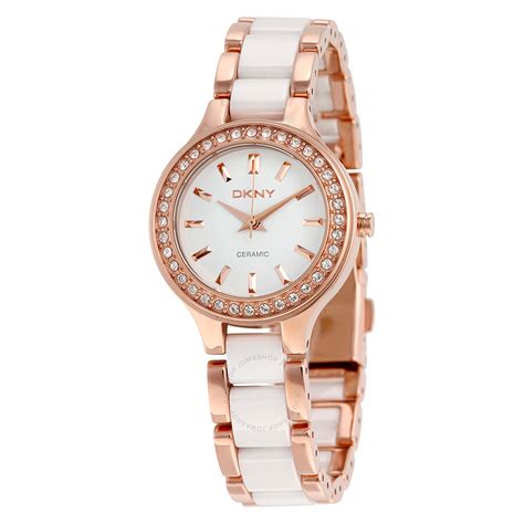 Dkny White Dial Rose Gold Steel And White Ceramic Ladies Watch Ny8141