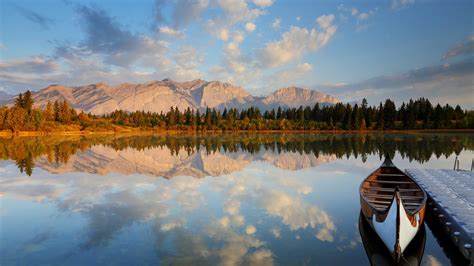 Wallpaper Lake Reflection Boat Forest Trees Mountains Rocks