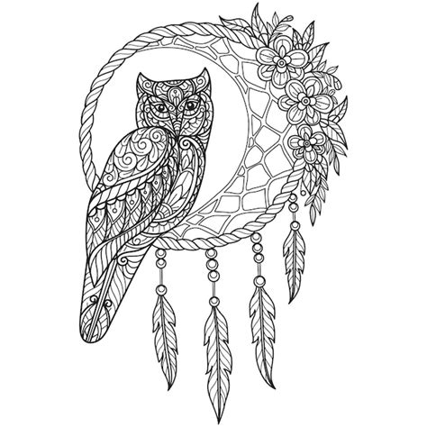 Premium Vector Owl And Dream Catcher Hand Drawn For Adult Coloring Book