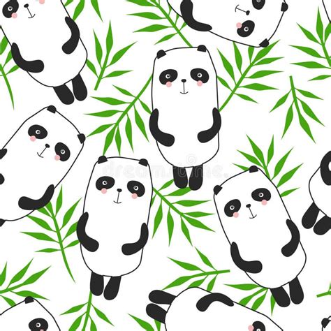 Colorful Seamless Pattern With Happy Pandas Bamboo Leaves Decorative