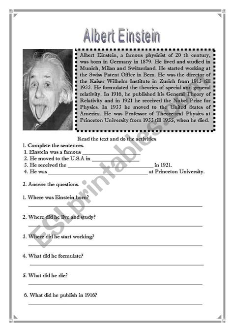 Albert Einstein Esl Worksheet By Hannah Costa