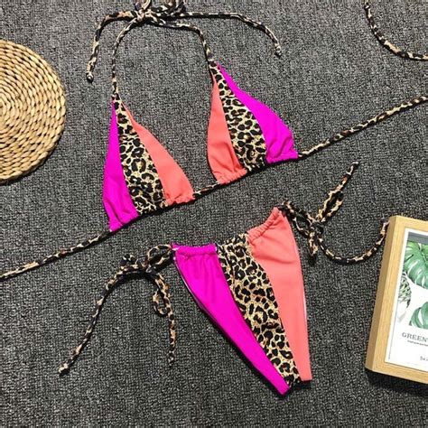 rivertrip leopard printing bikini string swimwear women high cut swimsuit halter bathing suit