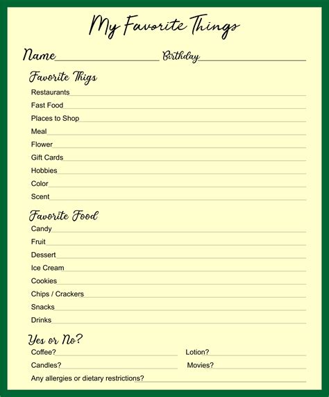 10 Best My Favorite Things Template Printable Favorite Things List