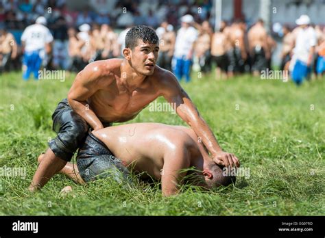 Wrestlers Fighting Kirkpinar Stock Photo Alamy