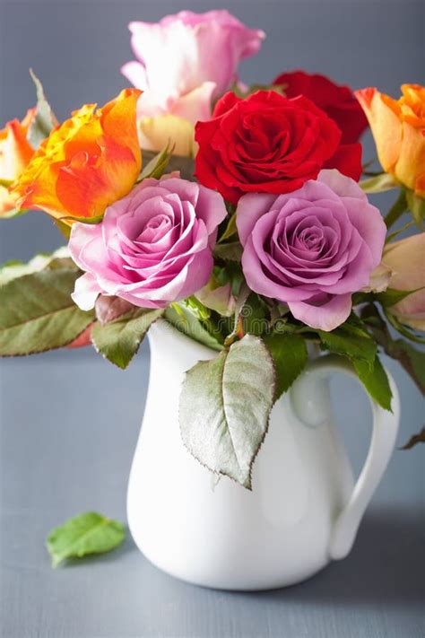 Beautiful Colorful Rose Flowers Bouquet In Vase Stock Photo Image Of