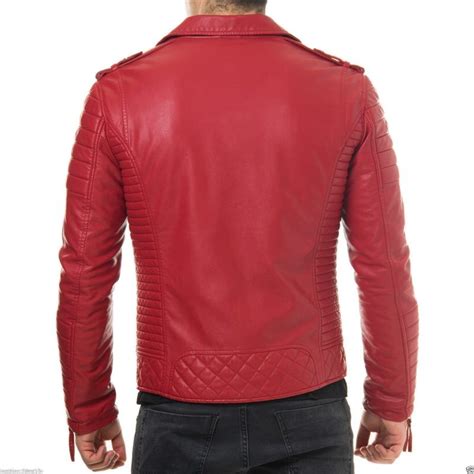 Mens Quilted Diamond Real Lamb Skin Slim Fit Red Leather Jacket Real Shearling Jacket