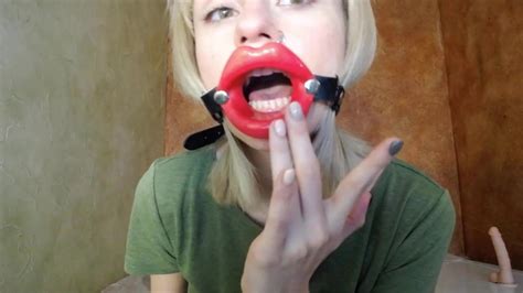 Zooming In Red Lips Open Mouth Gag For Dildo Blowjob