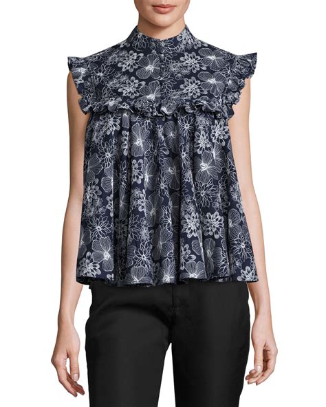 Floral Ruffled Sleeveless Blouse Navy And Matching Items Neiman Marcus