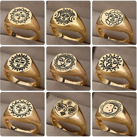 Aesthetic Goth Signet Rings For Women Men Stainless Steel Sun Face Punk Couple Rings Fashion